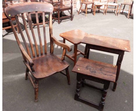 Oak stool, similar table, occasional table and farmhouse chair. Condition report: see terms and conditions