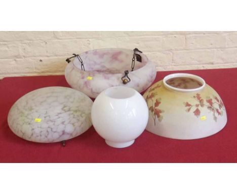 Two mid 20th century centre light shades and two oil lamp shades. Condition report: see terms and conditions