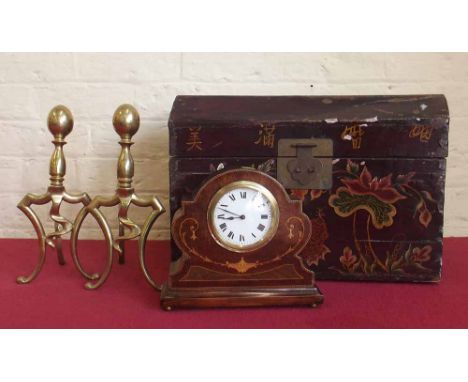 Edwardian mantel clock, pair of brass fire dogs and a painted oriental style box. Condition report: see terms and conditions