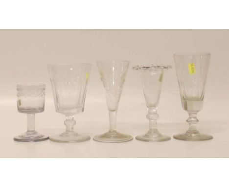 Ale glass with engraved bowl and folded foot, together with four other glasses early 19th century. Condition report: see term