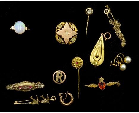 Edwardian 15ct gold brooch and pin, three 9ct gold stone set brooches, 9ct gold rim set opal ring, 9ct gold pendant, all stam