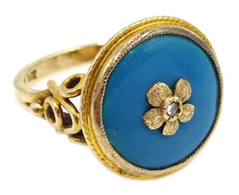 Late 19th century gold circular blue enamel and single diamond set ring, stamped 9ct  Condition Report & Further Details Appr