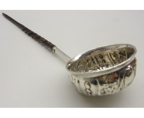 Toddy ladle with embossed bowl inset with a George II coin on twisted whalebone handle