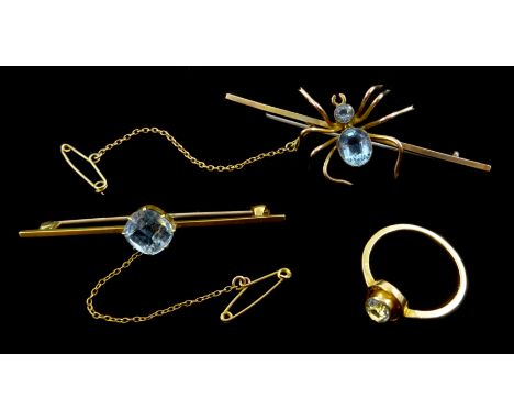 Gold rim set oval aquamarine ring, stamped 18ct, similar bar brooch, stamped 15 and a Victorian stone set spider brooch, stam