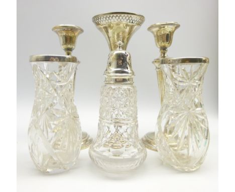 Pair of silver candlesticks H22cm Birmingham 1921, silver trumpet shape vase H23cm, glass and silver sugar castor and a pair 