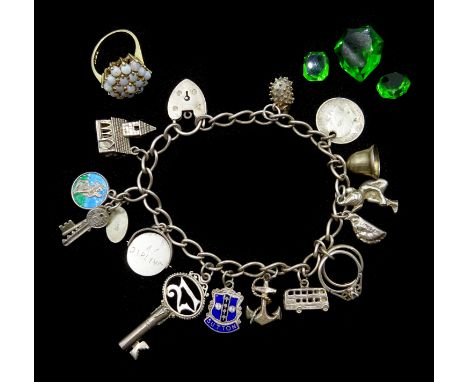 9ct gold opal cluster ring hallmarked, silver charm bracelet, stamped and three loose green glass beads Condition Report &amp