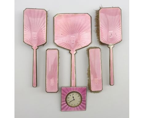 Art Deco silver and pink enamel 6 piece dressing table set London 1934 Maker Leins and Sons and a silver and pink enamel beds