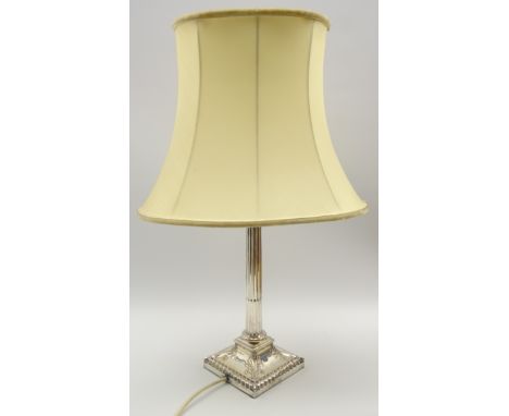 Victorian silver Corinthian column candlestick on square base, adapted for electricity, Sheffield 1862 H33cm 