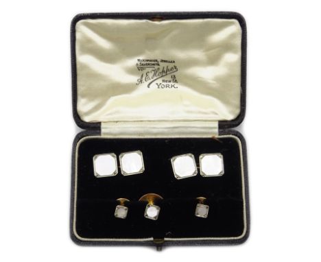 Pair of Art Deco gold mother of pearl and marcasite cufflinks and three matching dress studs, all stamped 9ct 18ct, retailed 