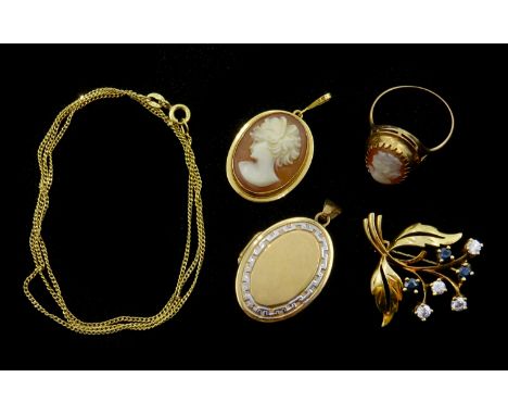 9ct gold stone set brooch and chain necklace, both hallmarked, 18ct gold cameo pendant and 9ct gold cameo ring both tested an