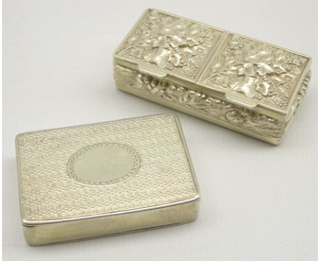 Victorian silver snuff box with engine turned decoration London 1865 and an embossed silver 2 division stamp box with gilded 