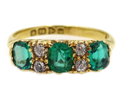 Edwardian 18ct gold three stone emerald and four stone diamond  ring, Chester 1903 Condition Report &amp; Further Details App