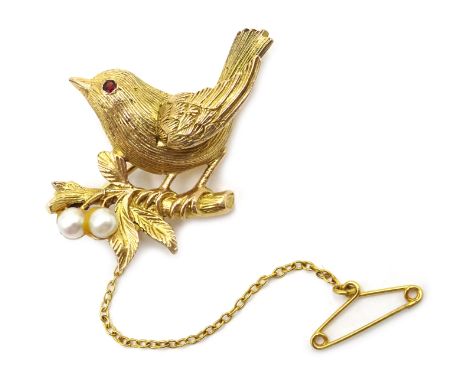 9ct gold brooch in the form of a wren with a ruby eye on a branch set with pearls, hallmarked Condition Report &amp; Further 