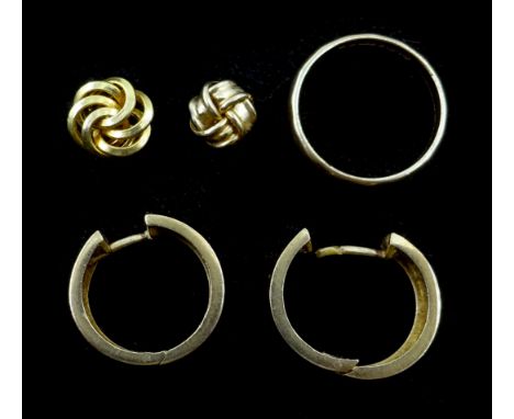 Pair of gold hoop earrings, stud knot earrings and ring, hallmarked 9ct or stamped 375 approx 7.6gm