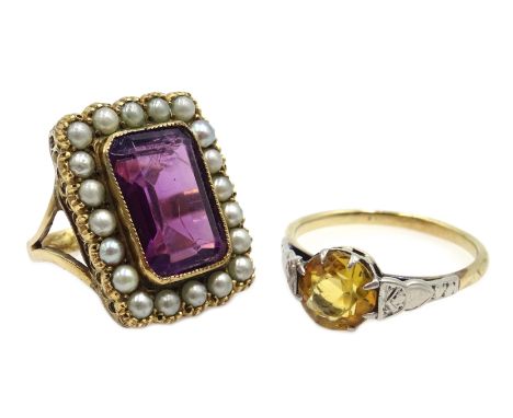 Rose gold emerald cut amethyst and seed pearl ring and gold round citrine ring, both tested 9ct Condition Report &amp; Furthe