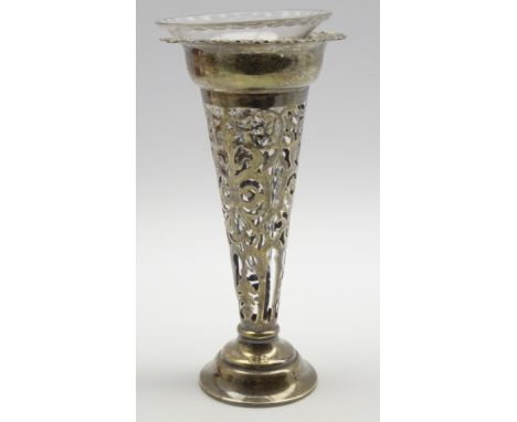 Late Victorian pierced silver trumpet shape vase with associated glass liner Birmingham 1900  H20cm 4.8oz