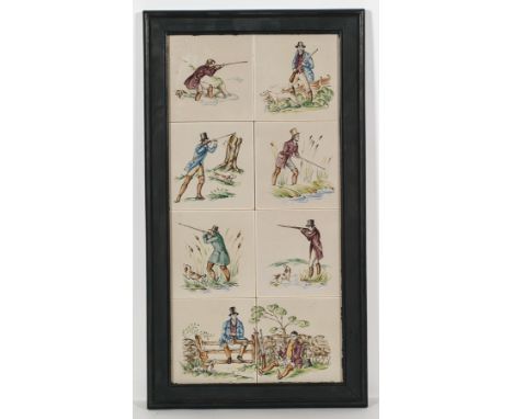 FRAMED SET OF EIGHT HUNTING RELATED MALKIN ENGLISH TILES
all stamped Malkin, England, all of 19th century gentlemen in huntin