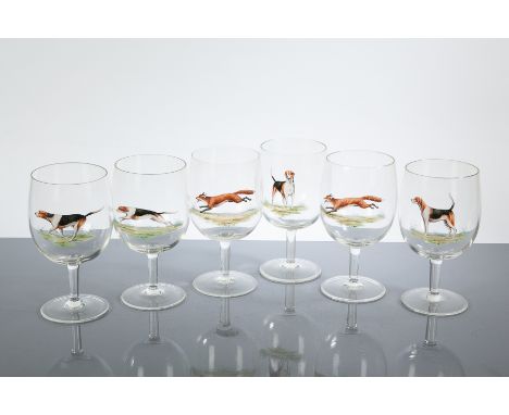 SET OF SIX HUNTING BRANDY BALLOON GLASSES
decorated in enamel with foxes and hounds, 19cm high
