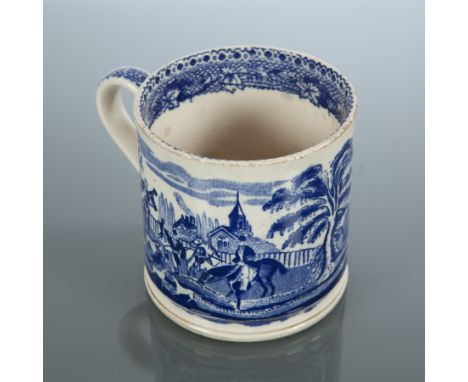 VICTORIAN BLUE AND WHITE STAFFORDSHIRE HUNTING PATTERN MUG
the base with underglaze blue partial mark 'RM', 10cm high