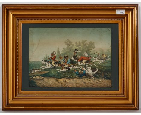 PAIR OF FRENCH COLOUR LITHOGRAPHS OF MONKEYS HUNTING ON DOGS
26cm x 36cm
Framed


