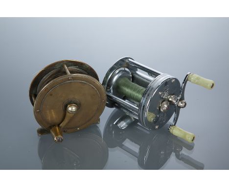 VINTAGE 2.5 INCH BRASS FLY FISHING REEL
along with an 'American Boy' model B by Kalamazoo Tackle Co, multiplier reel