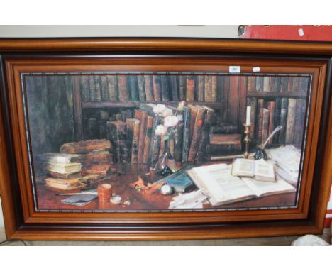 A colour print depicting books on a desk 