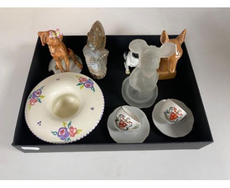 A box of collectables, two miniature Newcastle tea cups and saucers, glass mini mouse, Pool dish, Continental dog etc 