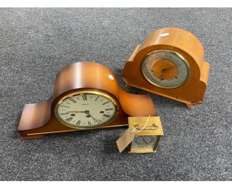 An oak cased Art Deco Smiths mantel clock together with a Rapport mantel clock and a brass cased carriage clock 