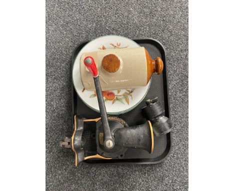 A tray of four Royal Worcester Evesham plates, stoneware hot water bottle, vintage cast iron coffee grinder 