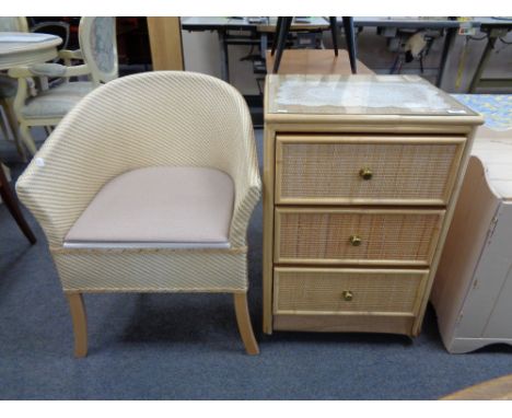 A bamboo and wicker three drawer chest together with a loom commode chair 