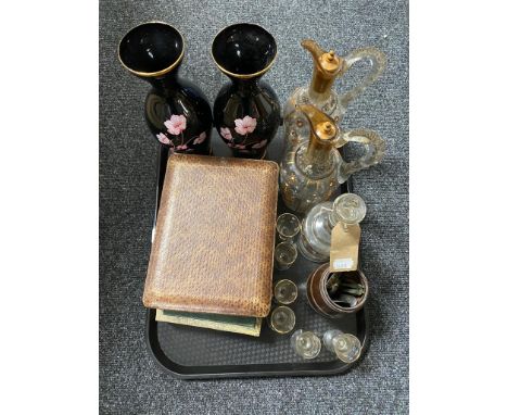 A tray of antique hand painted glass claret jugs, decanter and six liqueur glasses, two sets of spoons etc  CONDITION REPORT: