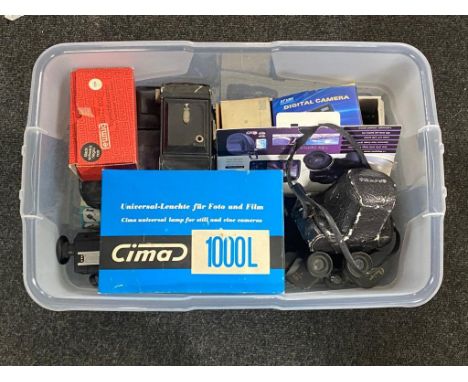 A clear plastic storage crate with lid containing cameras, Olympus OM1, digital camera, cine camera, binoculars etc 