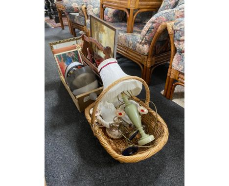 A wicker basket and wooden crate of crash helmet, rustic magazine rack, brass ware, table lamps, gilt framed mirror, oil on c
