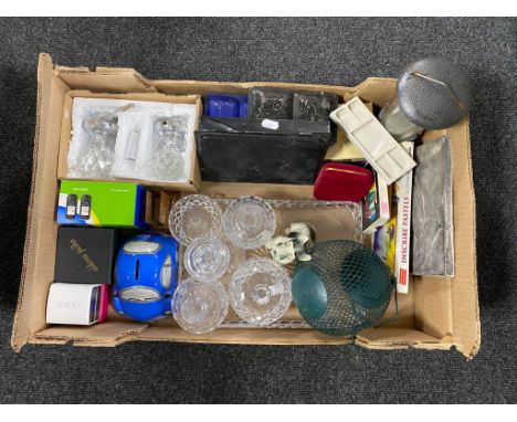 A box of crystal trinket sets, art supplies, mobile phone, bird feeders etc 