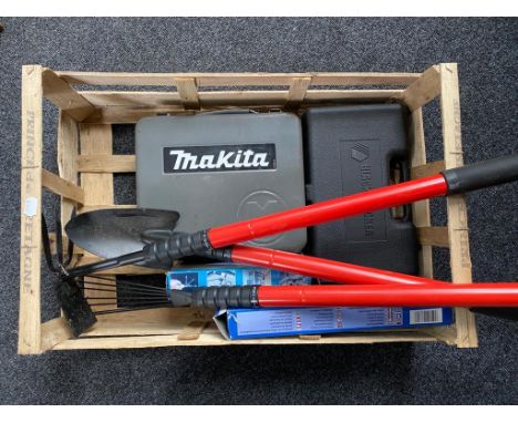 A box of small quantity of tools, Black &amp; Decker cordless screw drill, Makita drill, garden tools etc 