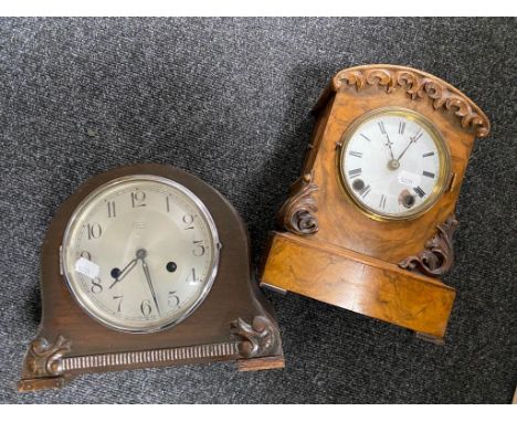 An Edwardian walnut cased mantel clock with battery movement, Art Deco oak mantel clock etc 