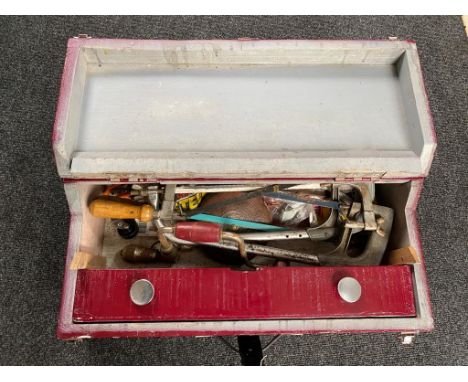 A wooden joiner's tool box of hand tools 