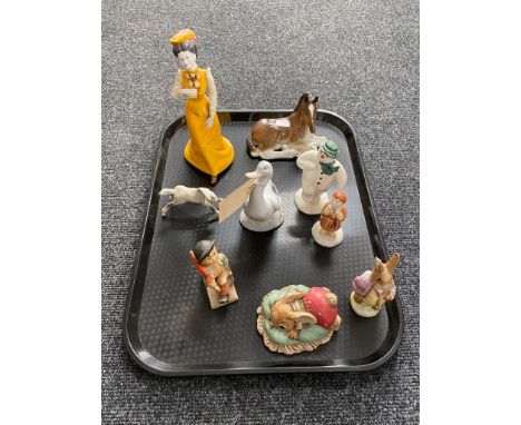 A tray of ornaments, figures, Nao goose, Royal Doulton snowman, Coalport Patricia, Hummel etc 