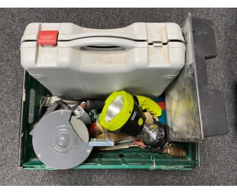 A box of performance bench grinder, hammer drill, paint roller sleeves, torch, hand tools etc 