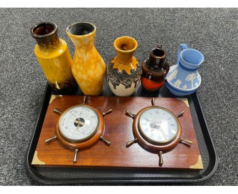 A miniature Oriental camphor wood box containing pill boxes, watches, thimble, Wedgwood jug, four West German jugs, Barometer