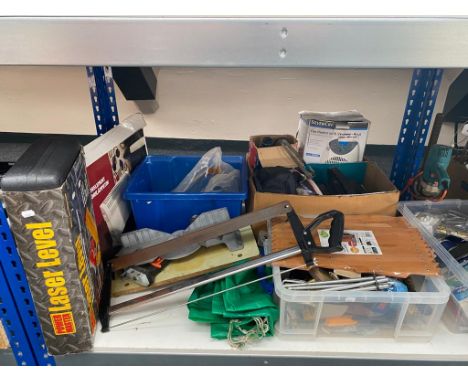 A quantity of assorted hardware and tools, laser level, mitre saw, drill on stand etc 