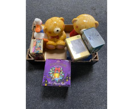 A box of teddy cookie jars, Ringtons tea light, tea pots etc 