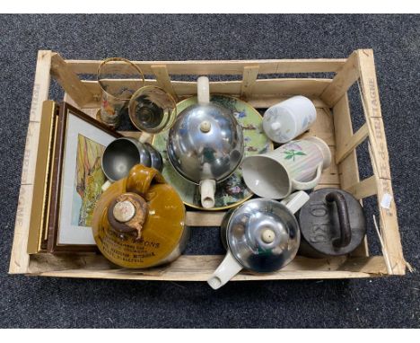 A box of glazed stoneware flagon, ten kilo weight, four piece mid century tea service, glass ware etc 
