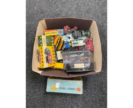 A box of mid 20th century and later die cast vehicles to include Corgi steam shovel and transporter 