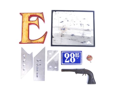 Industrial decorative items - nine items to include: four chrome printer's blocks with unusual Tetris-like cut out shapes, sm