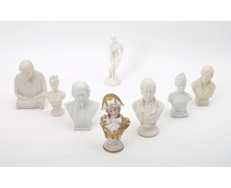 Parian Ware - a collection of seven late 19th &amp; early 20th century miniature ceramic busts of literary, Royal and other i