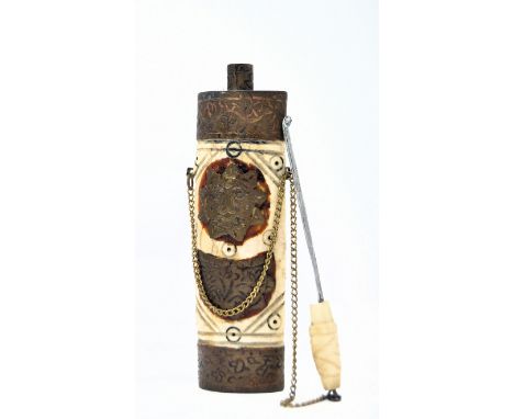An early - mid 20th century Persian / North Indian bone &amp; brass lidded snuff box of naïve style. Of cylindrical form, wit