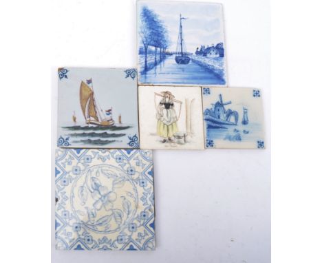 A collection of five late 19th century - early 20th century decorative tiles, some Delft style blue &amp; white. The lot comp