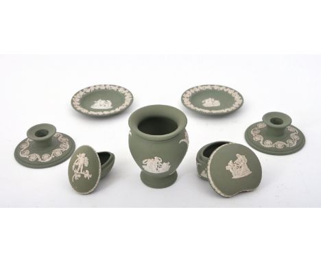 A small collection of early 20th century Wedgwood jasper ware in light forest green shade, each with classical scenes of Roma