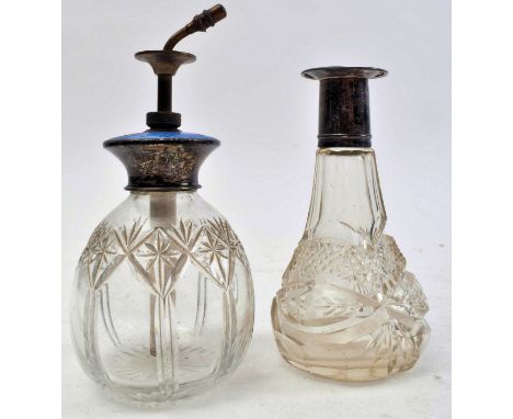An early 20th century 1920s cut glass perfume atomiser, along with a decorative cut glass bottle (lacking stopper). Each with
